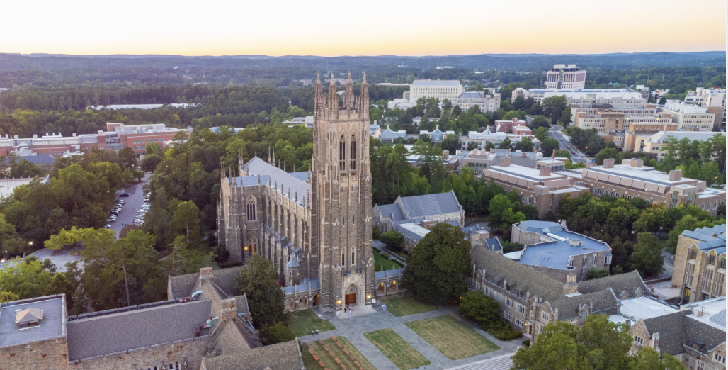 Aerial view of Duke University Chapel and campus